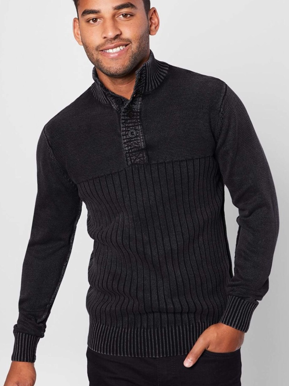 BKE Men's Black Ribbed Zip-Up Knit Sweater